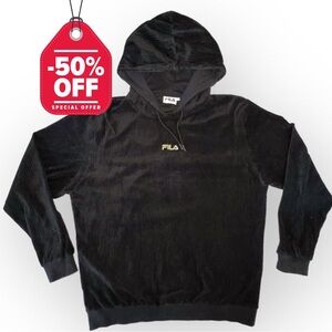 Fila Womens Y2K 00s Hoodie Velvet Ribbed Gold Embroidery Pull Over Black